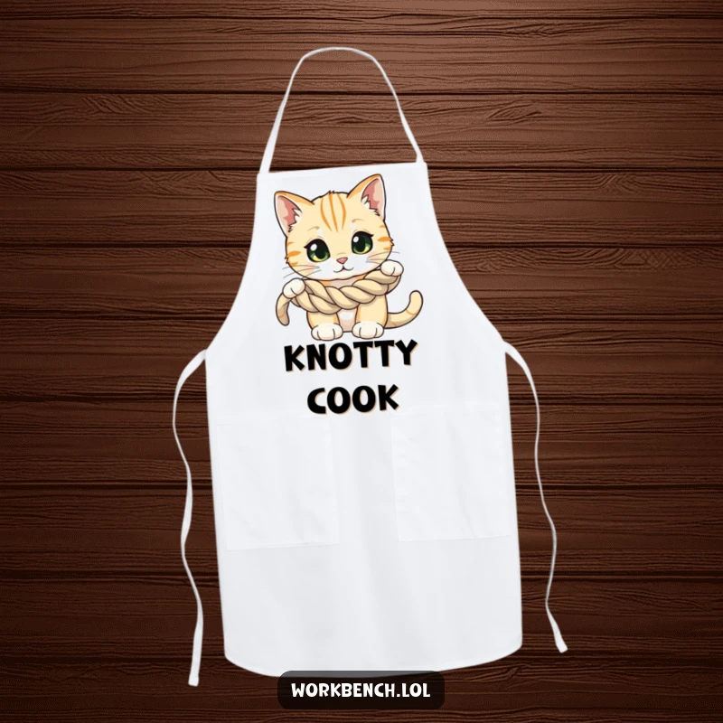 Funny apron showing a curious cat with wide eyes, examining a coiled rope, perfect for kitchen or exploration adventures with humor.