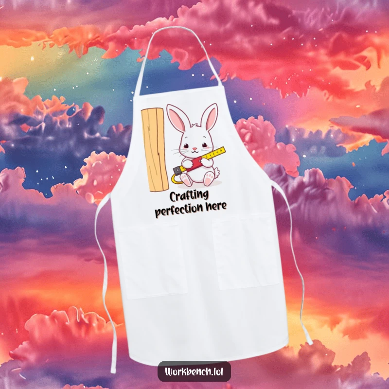 Funny rabbit carpenter apron, rabbit with measuring tape, protecting the wearer during messy DIY or kitchen tasks humorously.