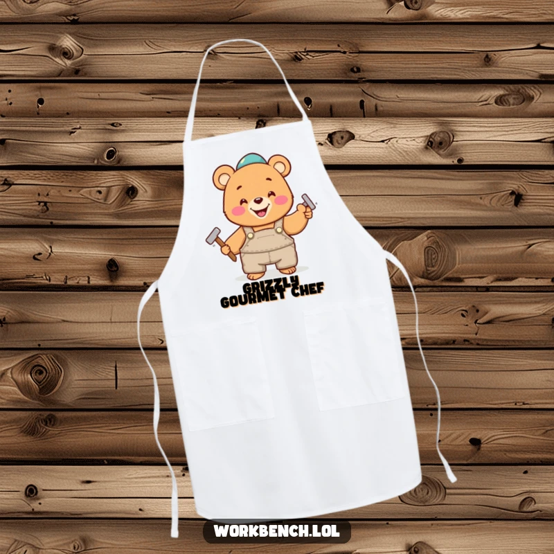 Funny apron showing a happy bear in overalls, cheerfully hammering a nail, perfect for kitchen or workshop adventures with humor.