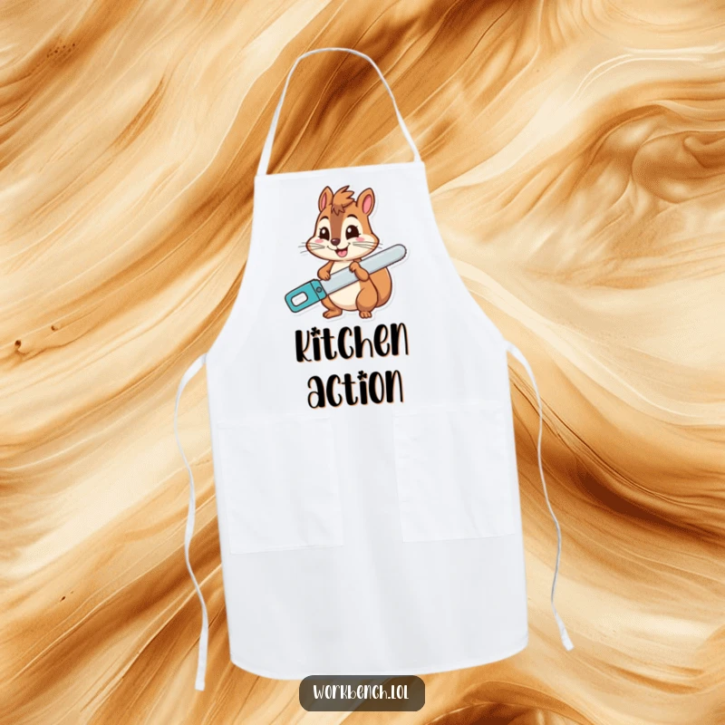 Funny squirrel apron depicting a cheerful character holding a saw with a wide grin, adding a touch of humor to kitchen activities.