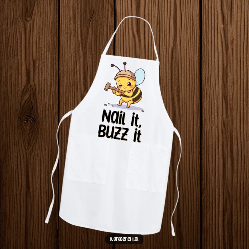 Funny bee hammering a nail on a kitchen apron, ideal for chefs and bakers who enjoy humor.