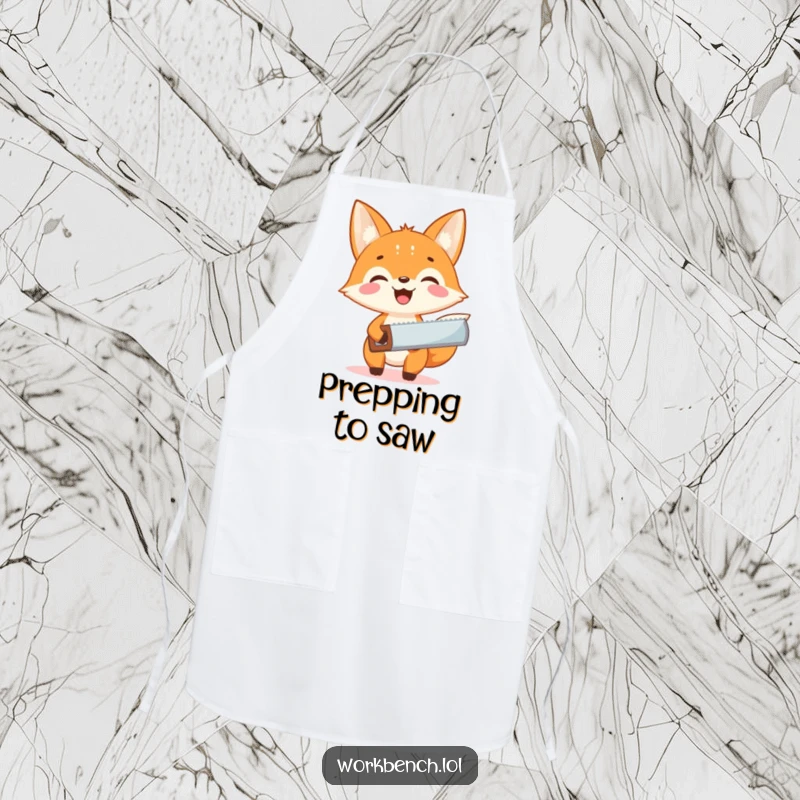 Funny fox carpenter apron, excited fox holding a small saw, protecting the wearer during cooking or crafting with humor.