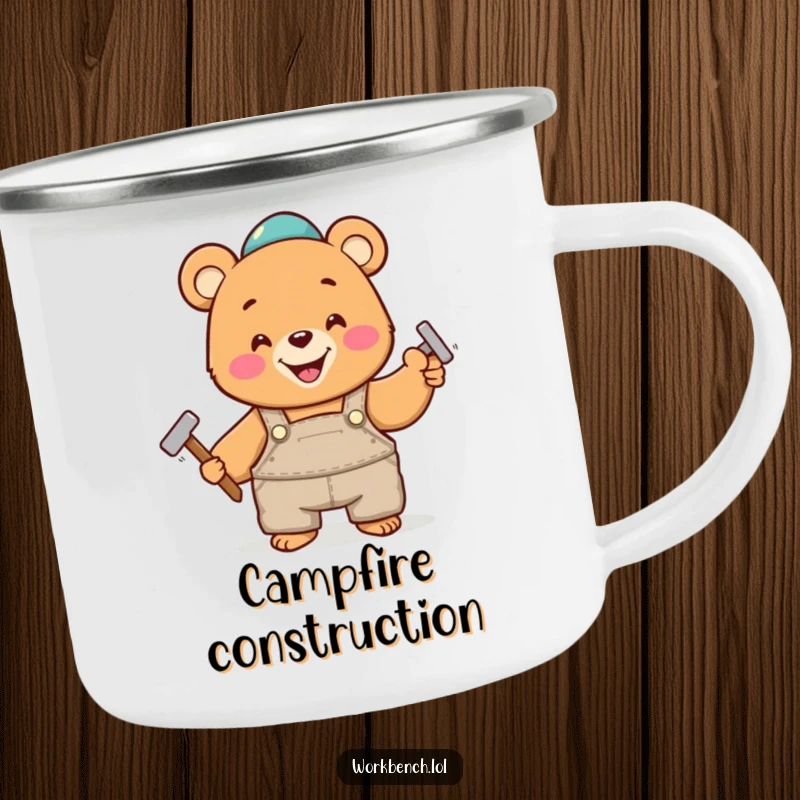 Funny camping mug showing a happy bear in overalls, cheerfully hammering a nail, ready for outdoor projects and construction humor.