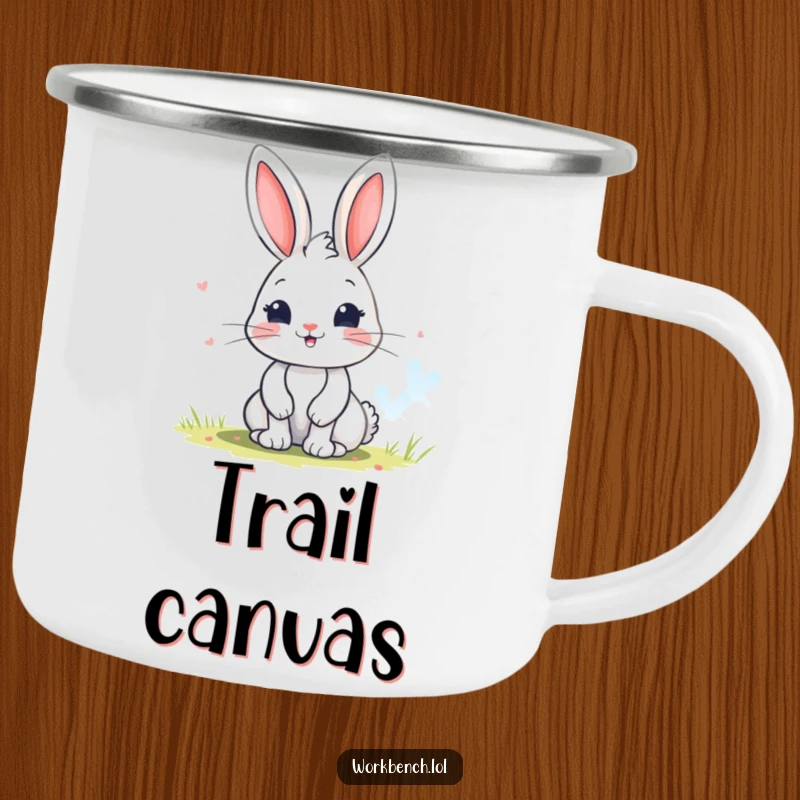 Funny bunny camping mug showing a playful character painting a colorful picture, perfect for enjoying beverages during outdoor creative sessions.