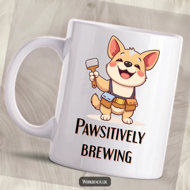 Funny mug showing a playful dog wearing a tool belt, gleefully holding a paintbrush, symbolizing creative fun and canine artistry.