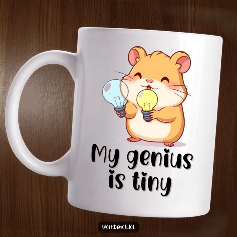 Funny hamster character holding a bright lightbulb, representing intelligence and innovation, on a coffee mug.