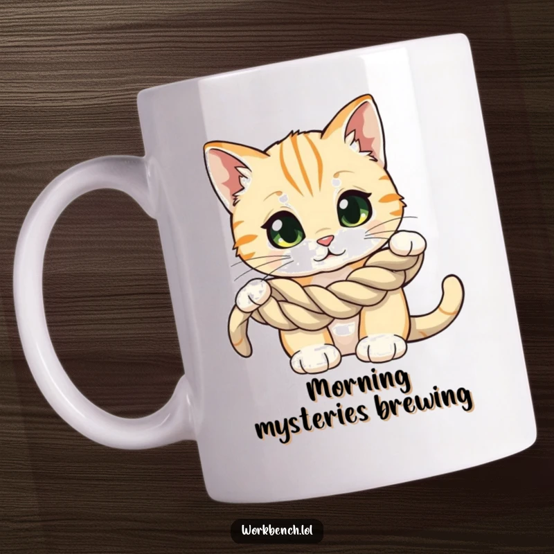 Funny mug depicting a curious cat with wide eyes, intently examining a coiled rope, symbolizing feline curiosity and playful confusion.