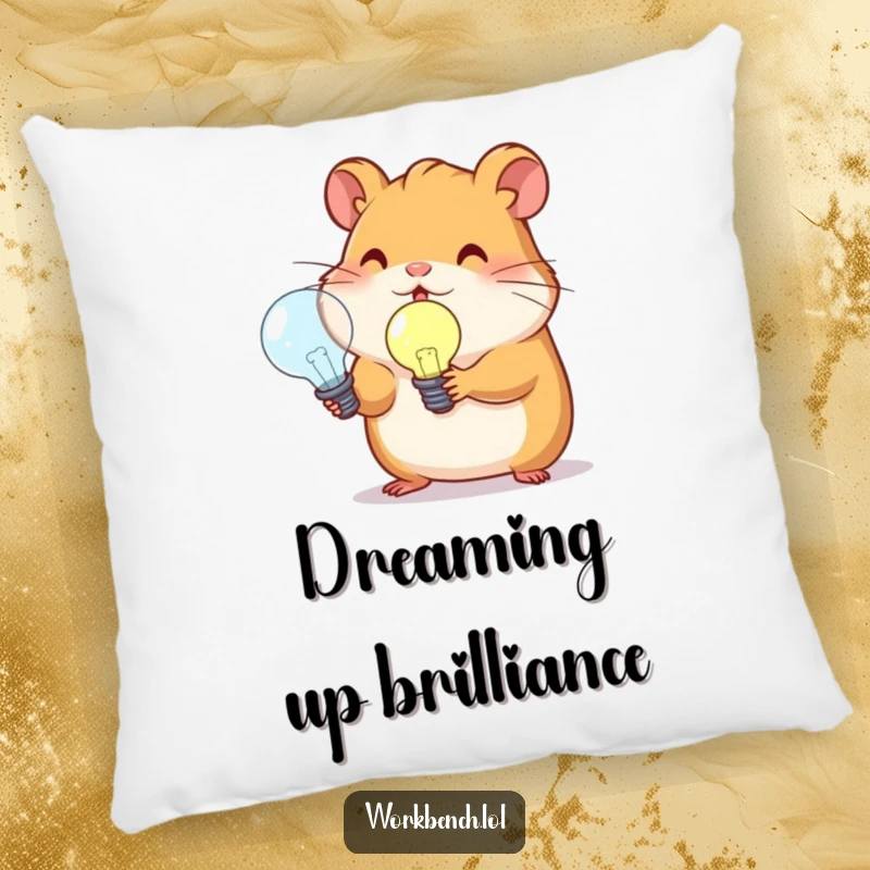Soft funny pillow with a hamster holding a lightbulb, providing comfort and a touch of wit.