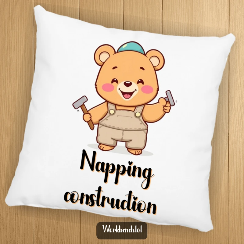 Funny pillow featuring a cheerful bear in overalls, happily hammering a nail, offering comfort and construction-themed amusement.
