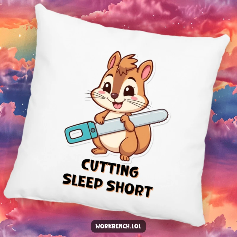 Funny squirrel pillow featuring a cheerful character holding a saw with a wide grin, designed for comfort and adding a whimsical touch.