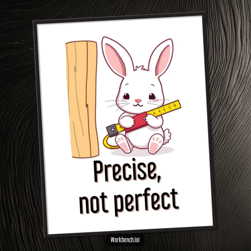 Funny rabbit carpenter digital art print, humorous depiction of a rabbit measuring wood, ideal for instant wall decor.