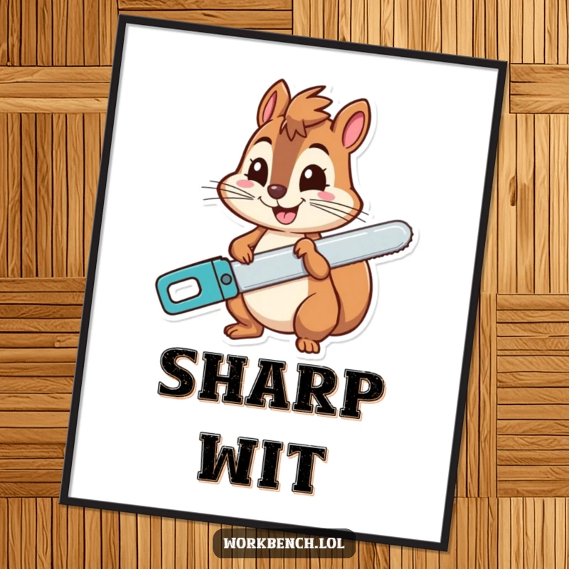 Funny squirrel digital art print of a cheerful character holding a saw with a wide grin, ready to print and add cheer.