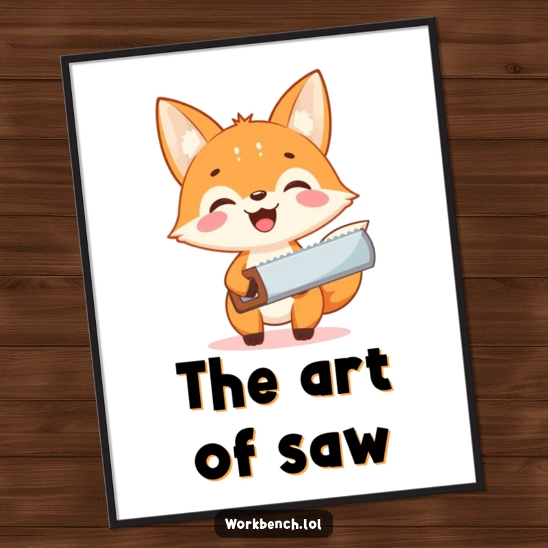 Funny fox carpenter digital art print, humorous depiction of a smiling fox with a saw, ideal for instant wall decor.