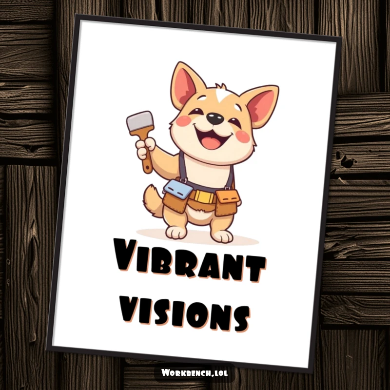 Funny digital art print of a playful dog wearing a tool belt, gleefully holding a paintbrush, celebrating creativity and pet humor.