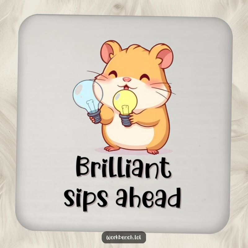 Funny hamster holding a lightbulb on a drink coaster, protecting surfaces with a humorous design.