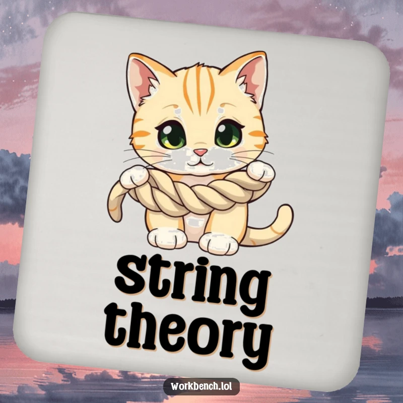 Funny drink coaster featuring a curious cat with wide eyes, examining a coiled rope, adding a touch of mystery and protection.