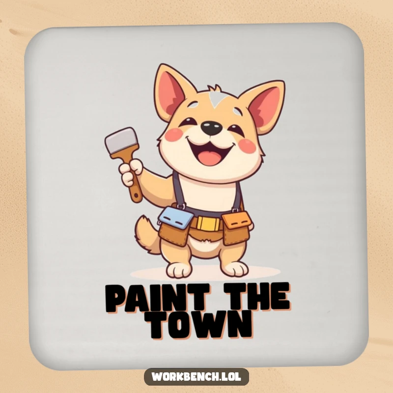Funny drink coaster featuring a playful dog in a tool belt, gleefully holding a paintbrush, adding a touch of art and protection.