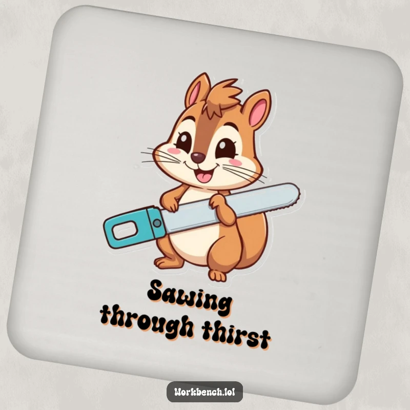 Funny squirrel drink coaster featuring a cheerful character holding a saw with a wide grin, adding a touch of whimsy to your table.