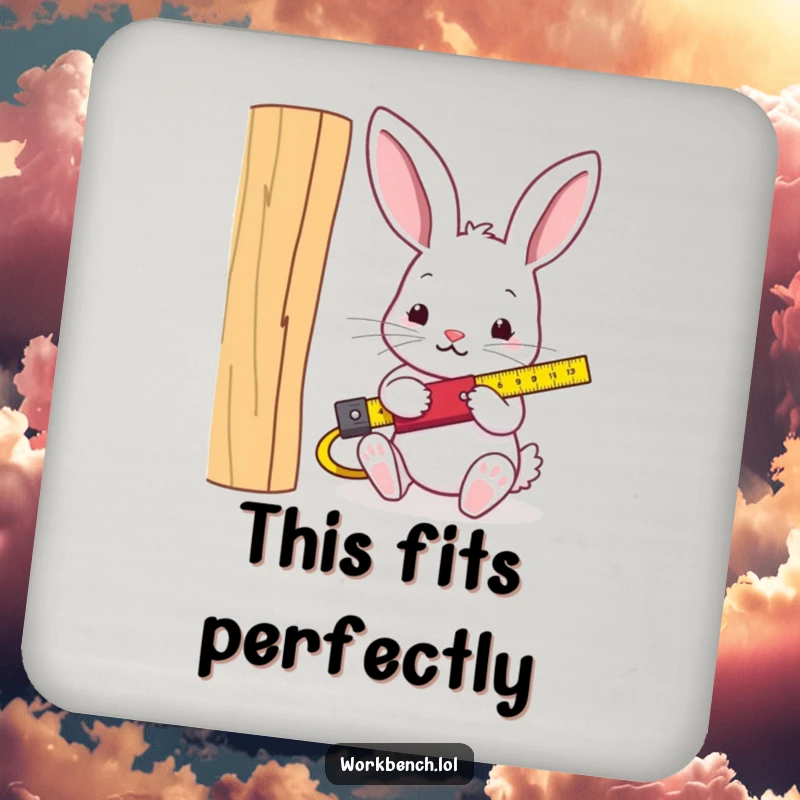 Funny rabbit carpenter drink coaster, featuring a rabbit measuring wood, adding humor and surface protection.