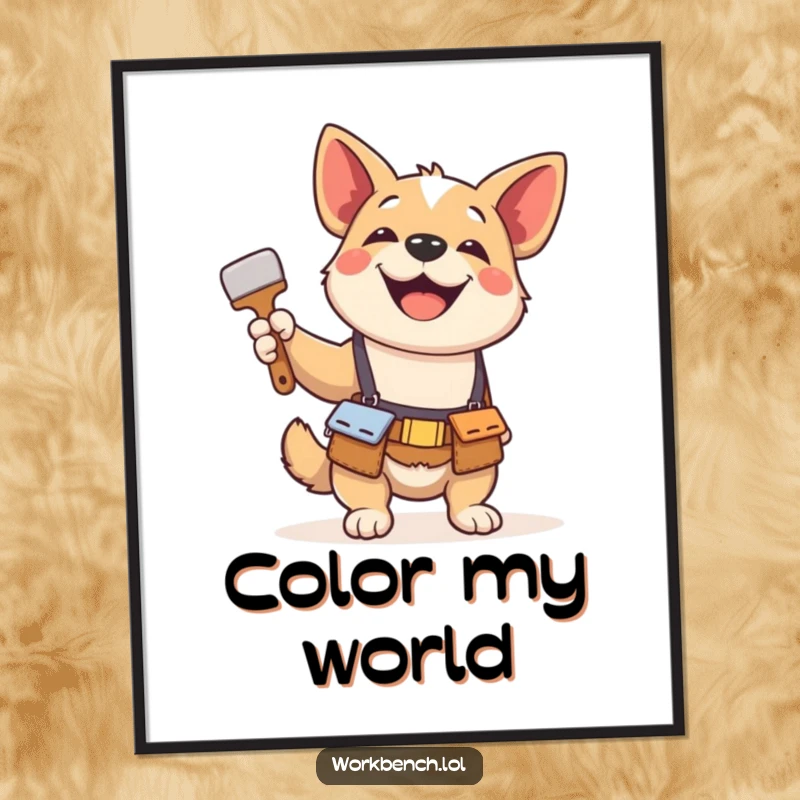Funny poster print of a playful dog wearing a tool belt, gleefully holding a paintbrush, celebrating creativity and pet humor.