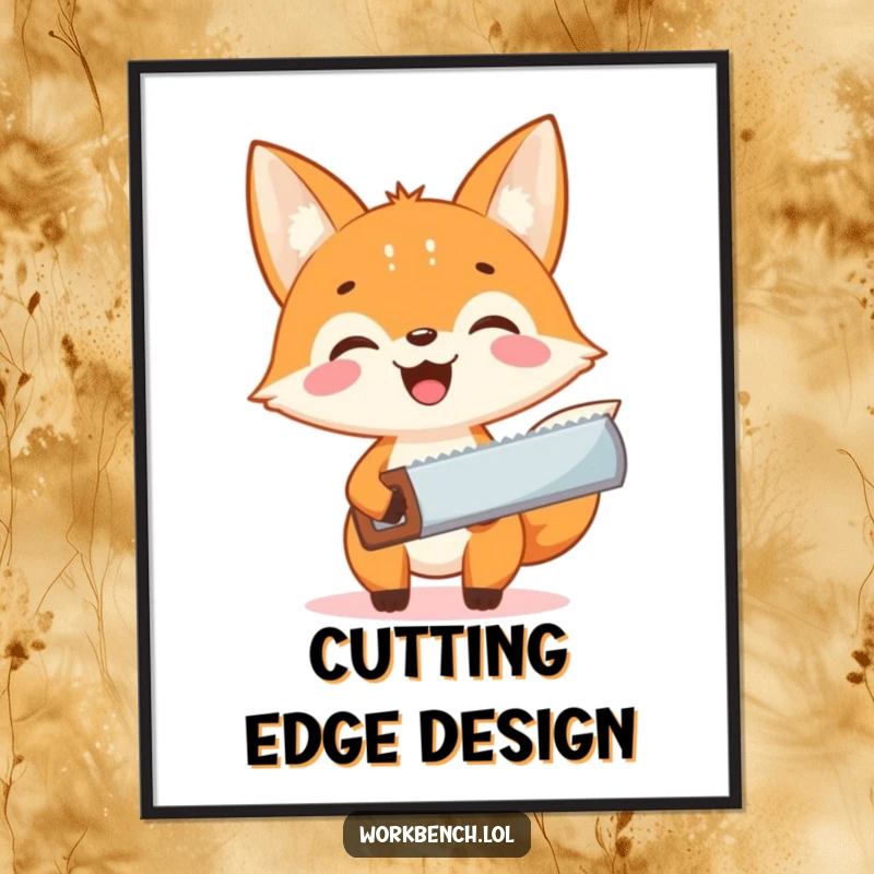 Funny fox carpenter poster, excited fox with a small saw, adding a touch of cheerful DIY humor to wall art.