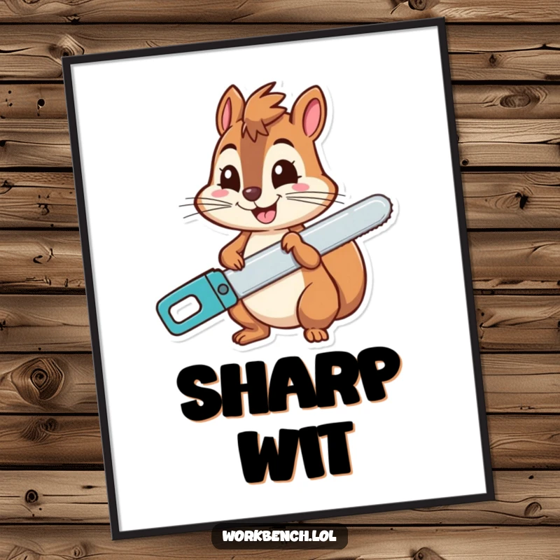 Funny squirrel poster illustrating a cheerful character holding a saw with a wide grin, radiating playful energy and humor.