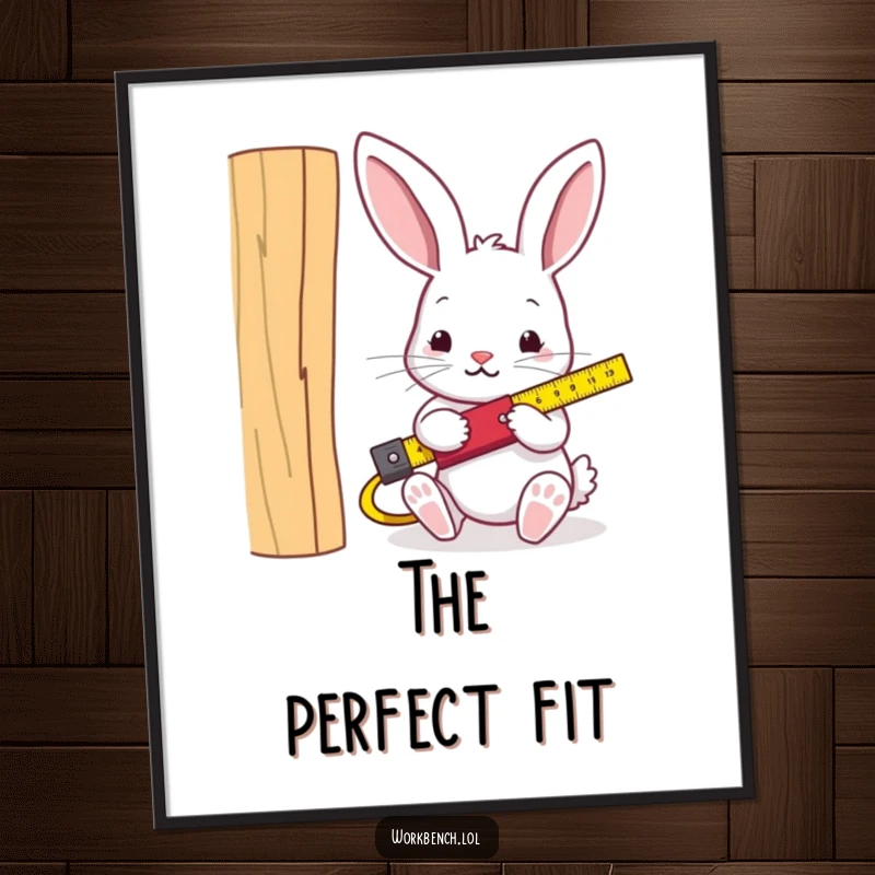 Funny rabbit carpenter poster, whimsical rabbit measuring wood, bringing DIY humor and charm to wall art.