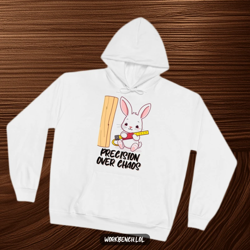 Funny rabbit carpenter hoodie, focused rabbit with measuring tape and wood, ideal for a cozy and humorous DIY session.