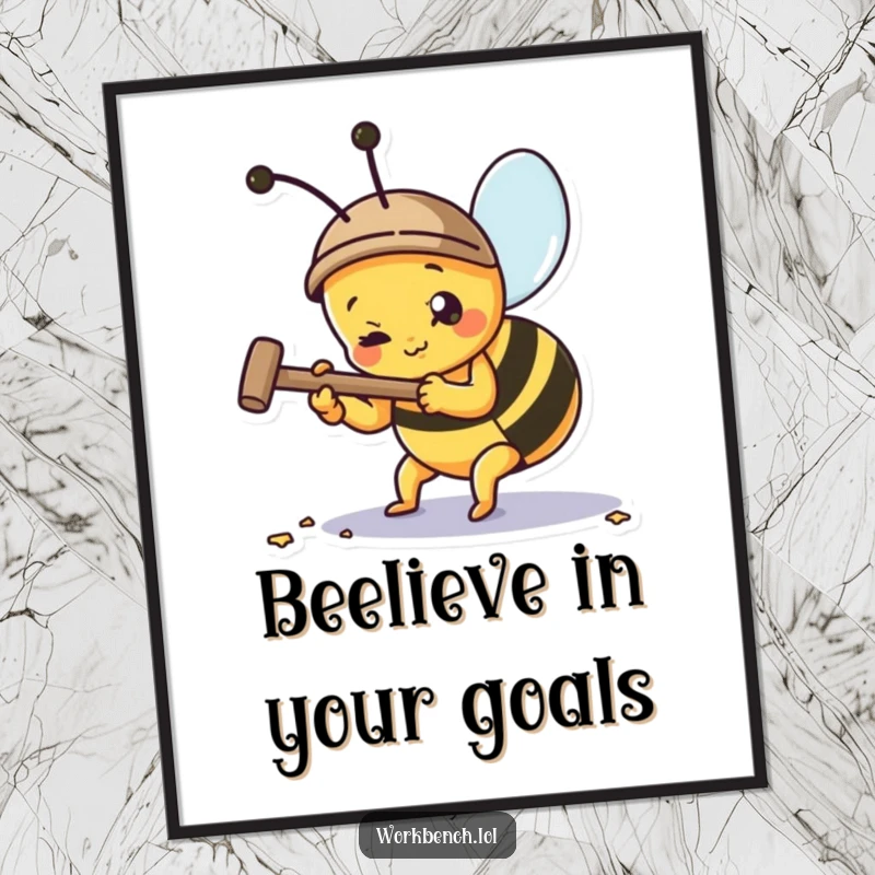 Funny free printable wall art showcasing a busy bee with a hammer, diligently working on an unseen project, full of determination.