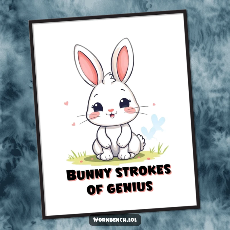 Funny free printable wall art of a playful bunny artist diligently painting a colorful, abstract masterpiece with enthusiasm and a smile.