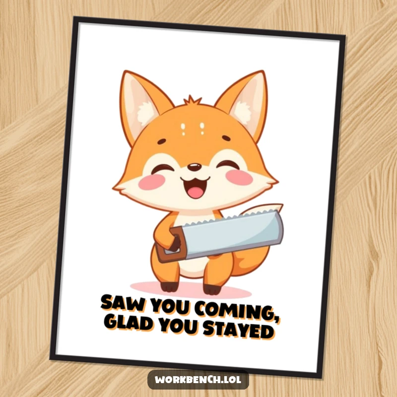 Funny Free Printable Wall Art: Smiling fox gripping a small saw, exuding DIY energy and excitement.