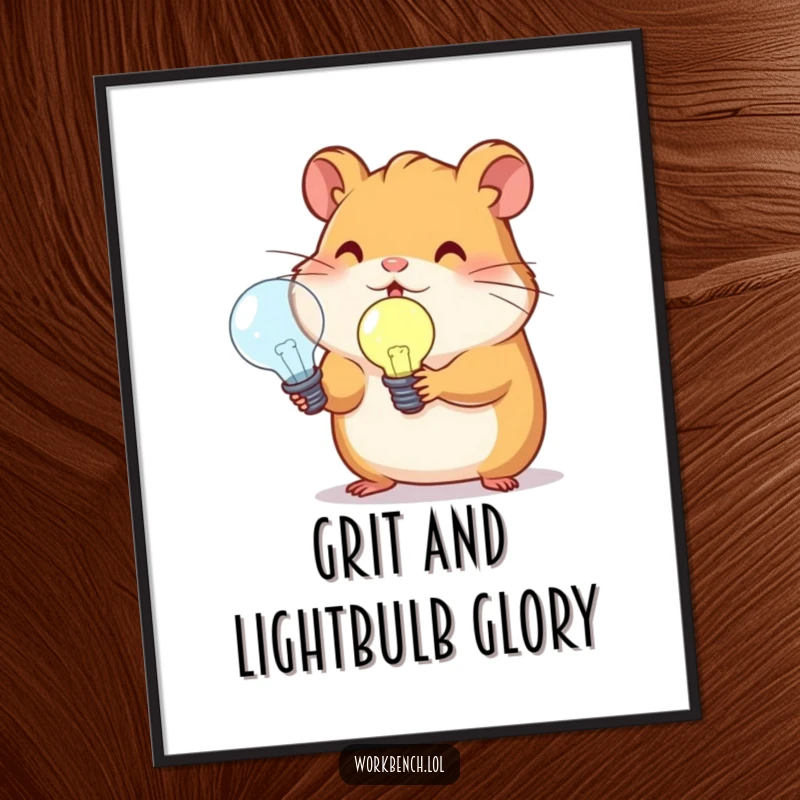 Funny free printable wall art of a determined hamster holding a luminous lightbulb, representing cleverness and a touch of whimsy.