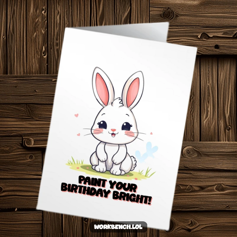 Funny free printable birthday card showing a playful bunny character happily painting a colorful picture with a big smile.