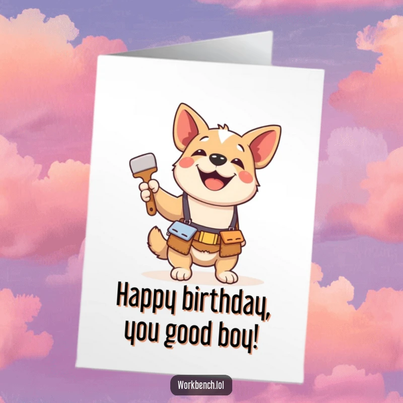 Funny Free Printable Birthday Card: A playful dog wearing a tool belt, holding a paintbrush with a happy, messy grin.