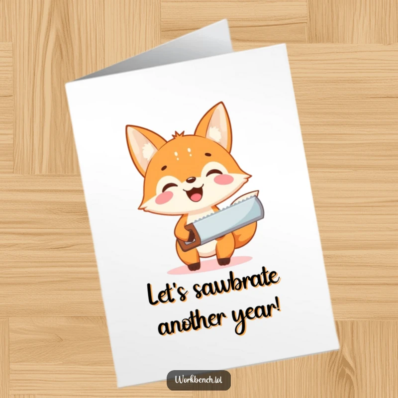 Funny Free Printable Birthday Card: Smiling fox holding a saw, ready for DIY birthday projects.