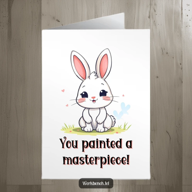 Funny free printable congratulations card featuring a cute bunny artist painting a vibrant, abstract masterpiece with joy.