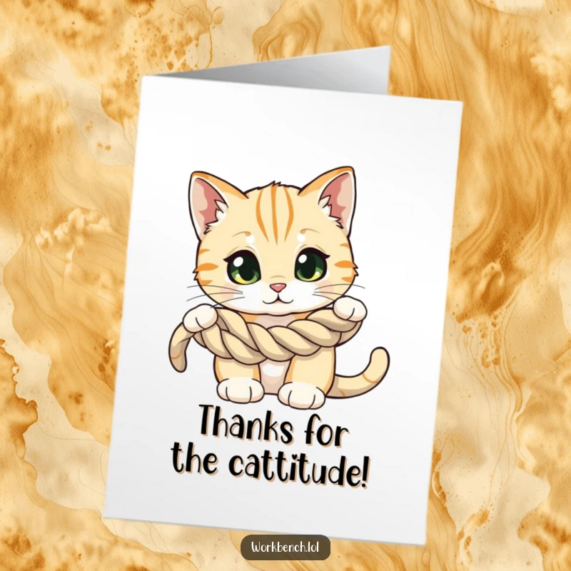 Funny Free Printable Thank You Card: A curious cat with wide eyes studies a coiled rope, pondering its thankfulness.