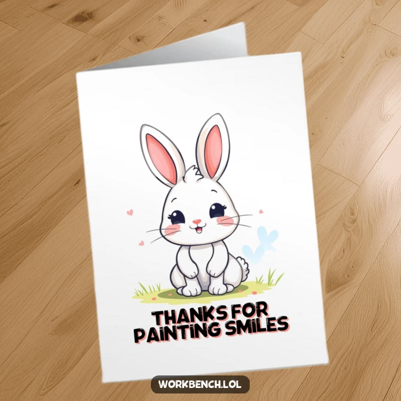 Funny free printable thank you card showing a happy bunny character painting a bright, colorful picture with a paintbrush and palette.