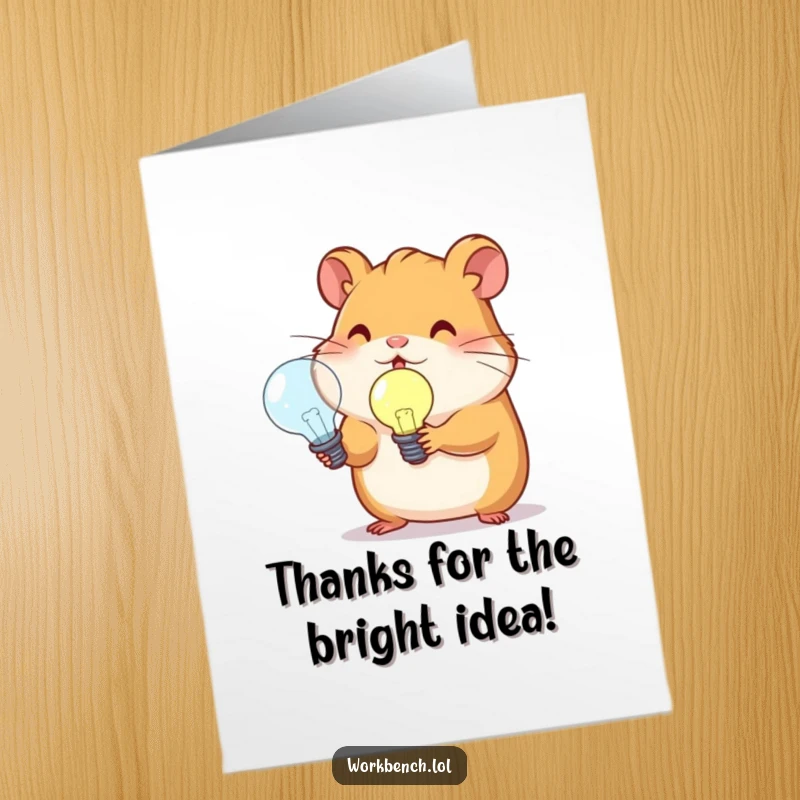 Funny free printable thank you card showing a determined hamster holding a glowing lightbulb, a bright symbol of thanks and appreciation.