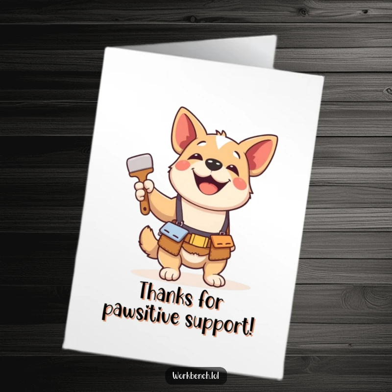 Funny Free Printable Thank You Card: A dog with a tool belt and paintbrush, ready to create a colorful thank you.