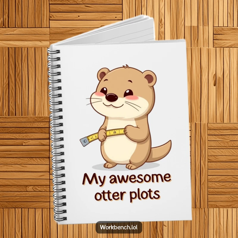 Funny otter with a measuring tape on a ruled notebook, ideal for jotting down plans and measurements.