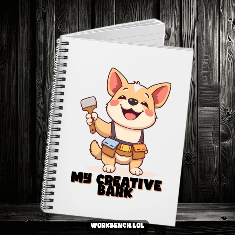 Funny notebook with a cover depicting a playful dog wearing a tool belt, gleefully holding a paintbrush, inspiring creative note-taking.