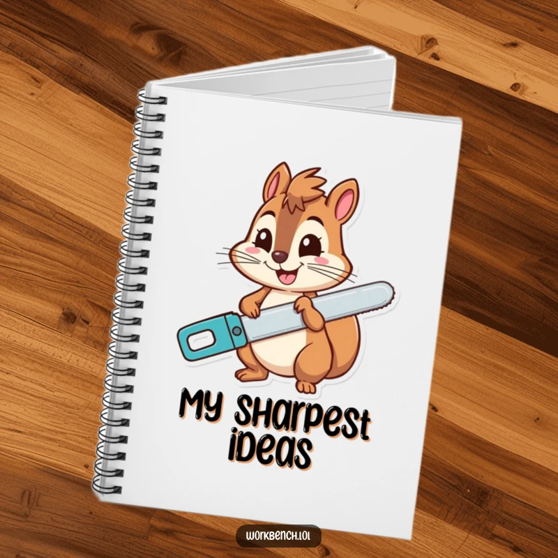 Funny squirrel notebook featuring a cheerful character holding a saw with a wide grin, ideal for jotting down thoughts and playful notes.