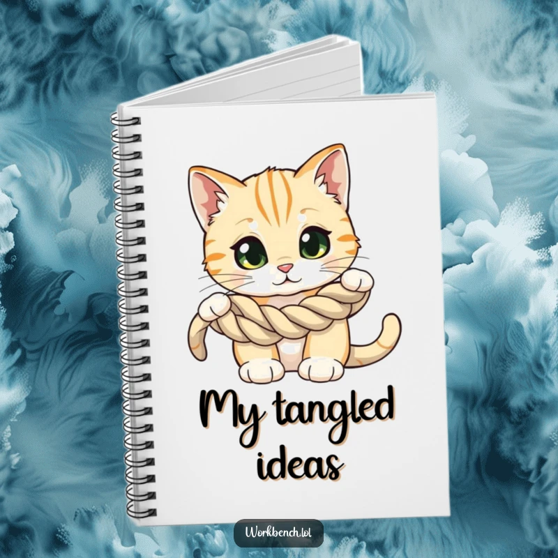 Funny notebook with a cover depicting a curious cat with wide eyes, examining a coiled rope, inspiring investigative note-taking.