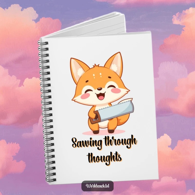 Funny fox carpenter notebook, smiling fox with a saw, inspiring notes and project planning with cheerful humor.