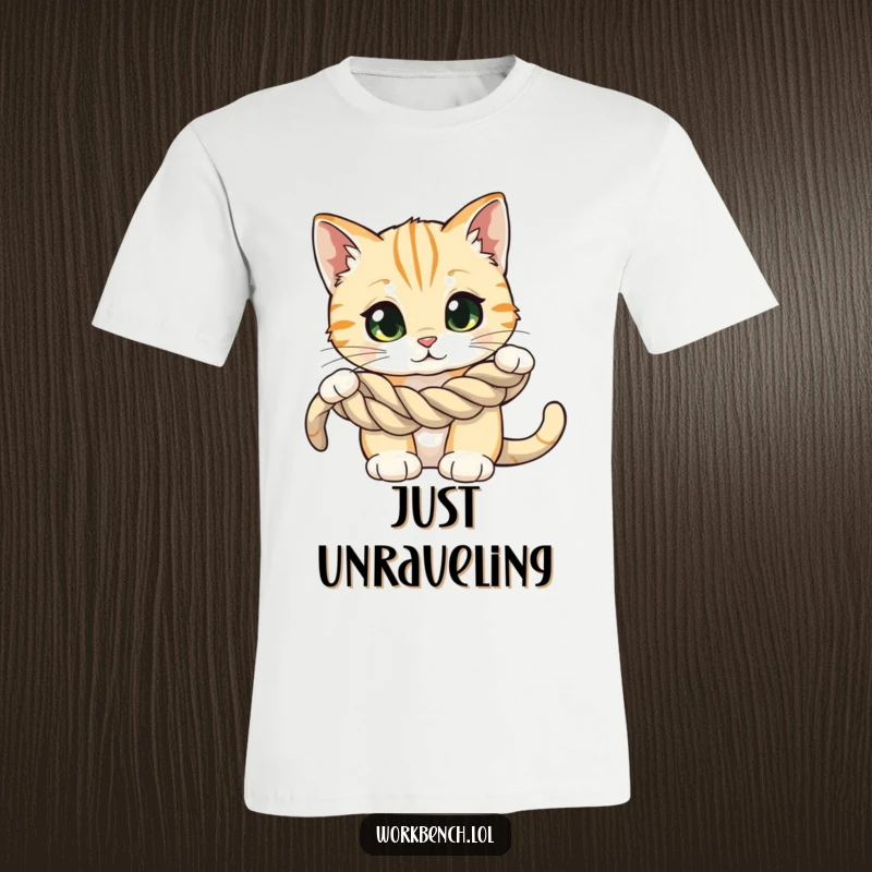 Funny t-shirt: A curious cat with wide eyes, examining a coiled rope, celebrating feline curiosity and playful investigation.