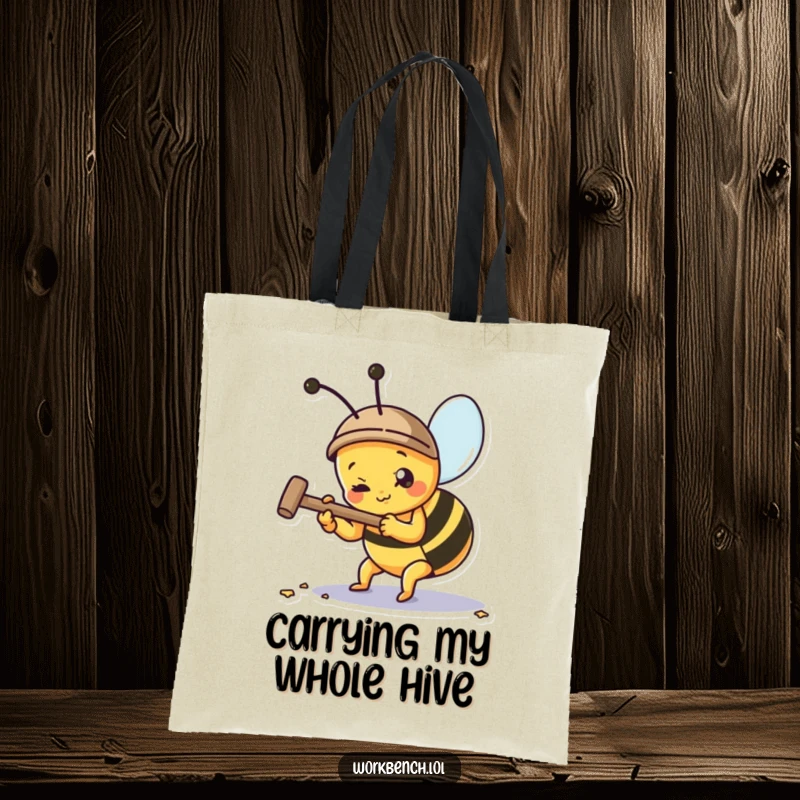 Funny bee character with hammer, actively building, on a durable tote bag, showcasing humor and utility.