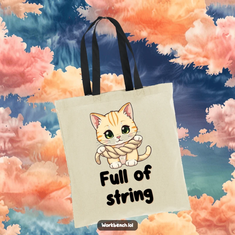 Funny tote bag with a curious cat with wide eyes, examining a coiled rope, symbolizing curiosity, exploration, and carrying capacity.